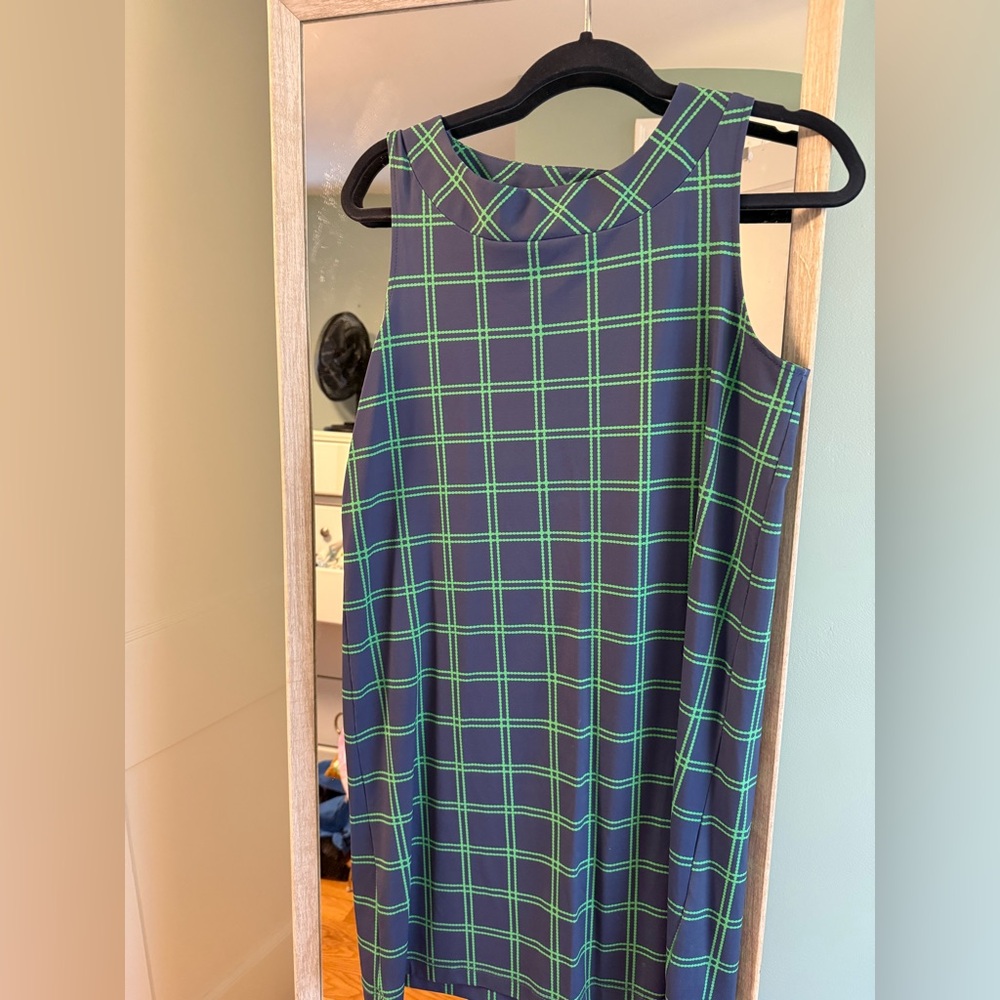 Navy Plaid Sleeveless Shift Dress - Blue & Green